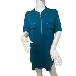 Bulotus Tunic Top Blue Green 2XL Short Sleeve 1/2 Zip Flap Pockets Band Collar